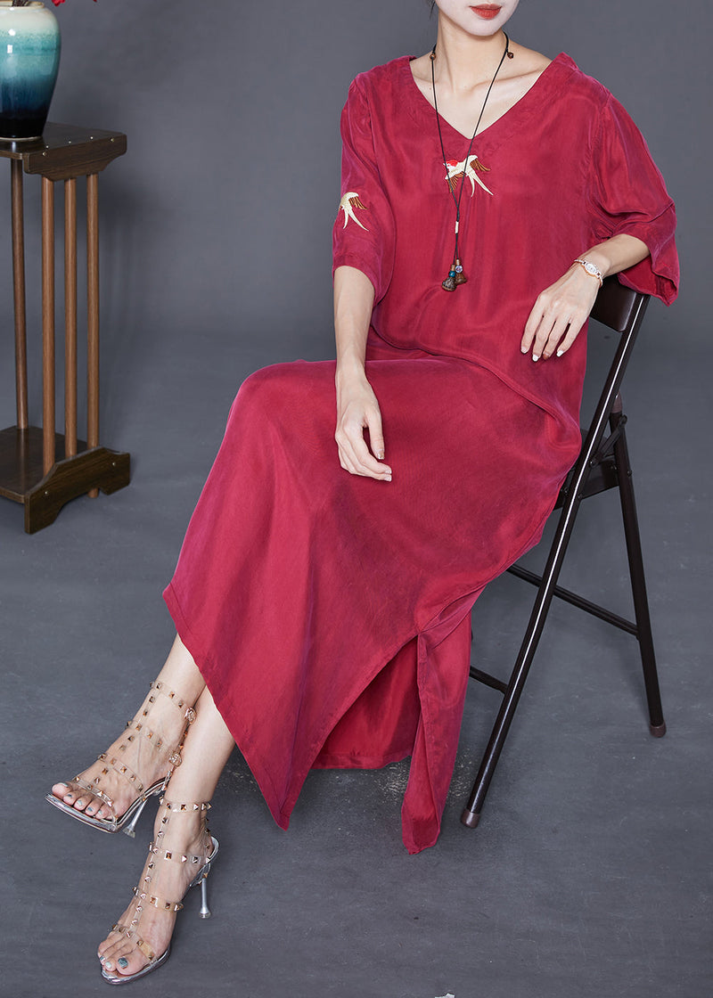 Mulberry Embroidered Side Open Silk Maxi Dresses Summer