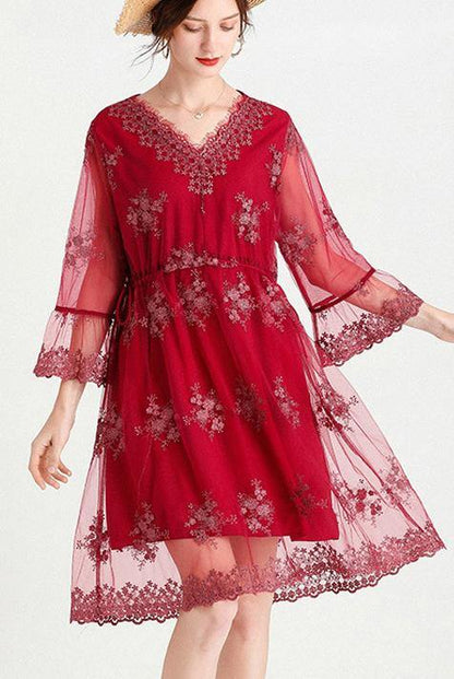Mulberry V Neck Petal Sleeve Mini Summer Lace Dress