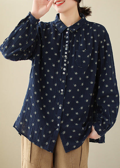 Navy Button Print Cotton Shirts Long Sleeve