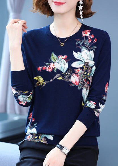 Navy O Neck Print Loose Woolen Knit Top Spring