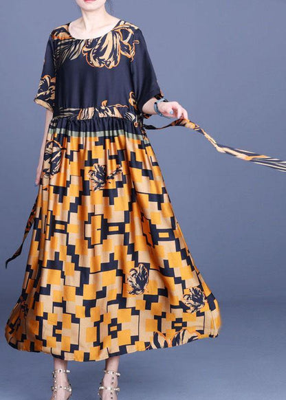 Navy Print Silk Tie Waist Mid Dress Summer