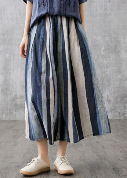 White Flowers Retro Striped a Line Summer Skirts Linen