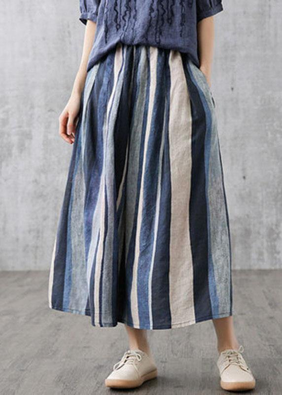 White Flowers Retro Striped a Line Summer Skirts Linen