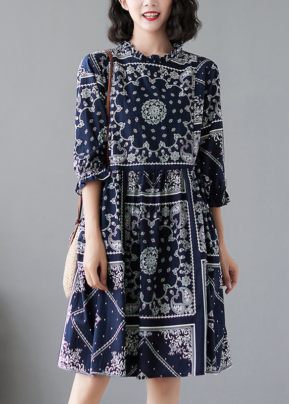 Navy Ruffled Print Linen Dresses Half Sleeve
