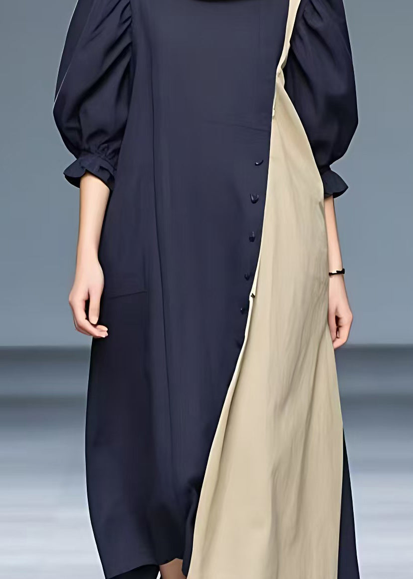 Navy Turtleneck Patchwork Cotton Long Dresses Half Sleeve