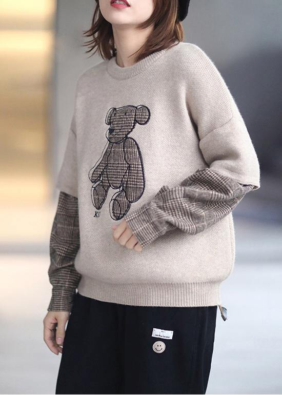 Nude Bear Design Clothes O Neck False Two Pieces Knee Spring Blouse