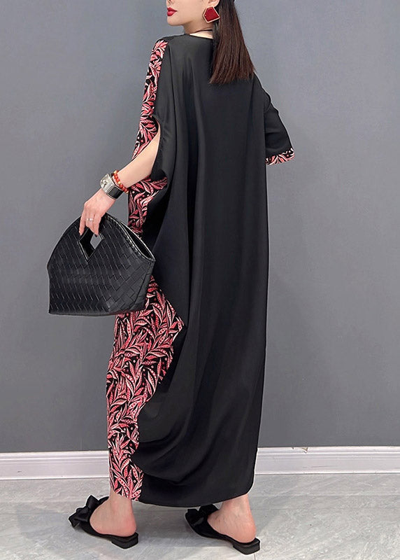 O-neck Asymmetrical Print Patchwork Pockets Dresses Short Sleeve
