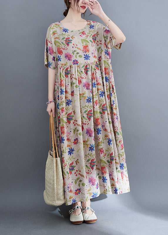 O-neck Cinched Extra Large Hem Print Holiday Dresses Short Sleeve