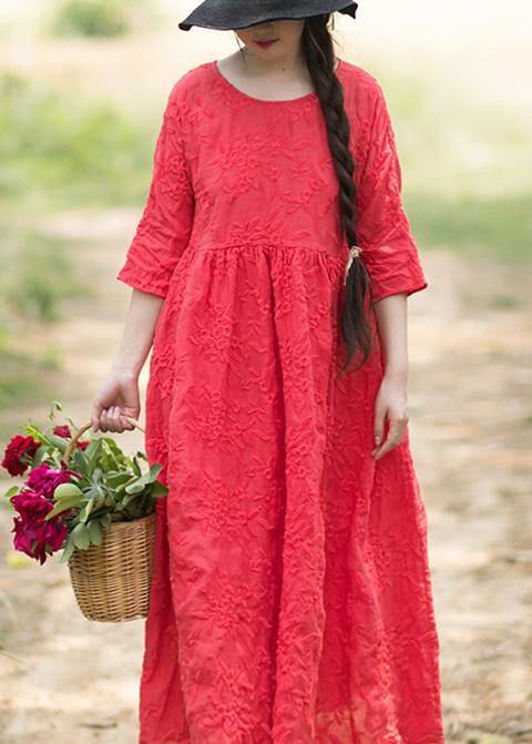 O Neck Half Sleeve Summer Outfit Neckline Red Embroidery Robes Dresses