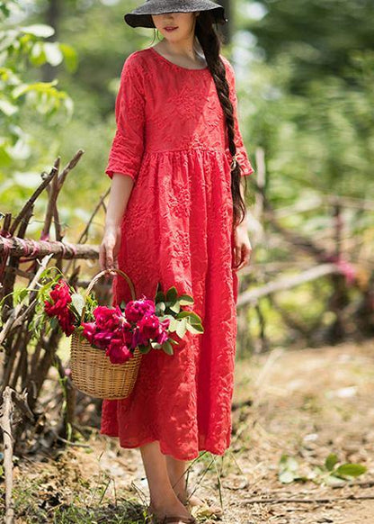 O Neck Half Sleeve Summer Outfit Neckline Red Embroidery Robes Dresses