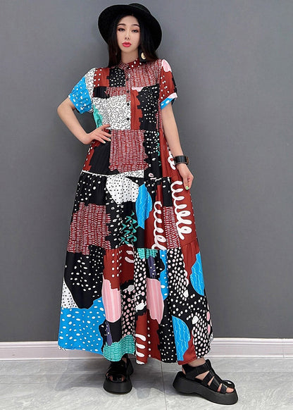 O-neck Print Button Long Dresses Short Sleeve