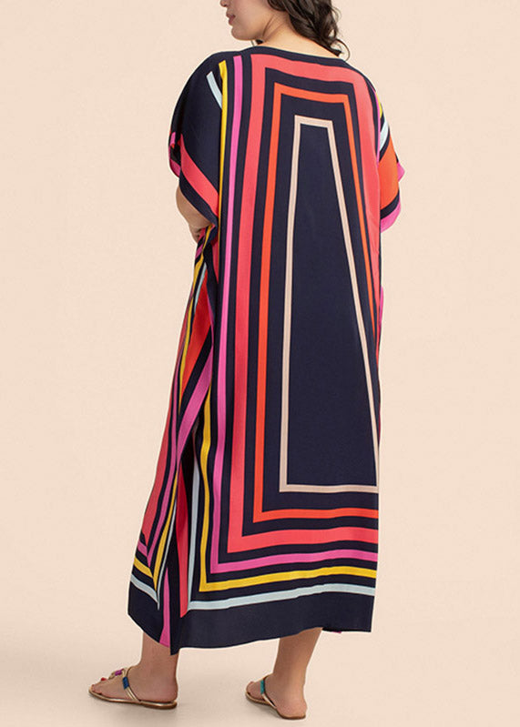 O-neck Striped Patchwork Side Open Maxi Beach Dresses Short Sleeve