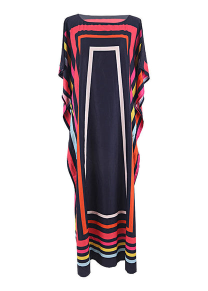 O-neck Striped Patchwork Side Open Maxi Beach Dresses Short Sleeve