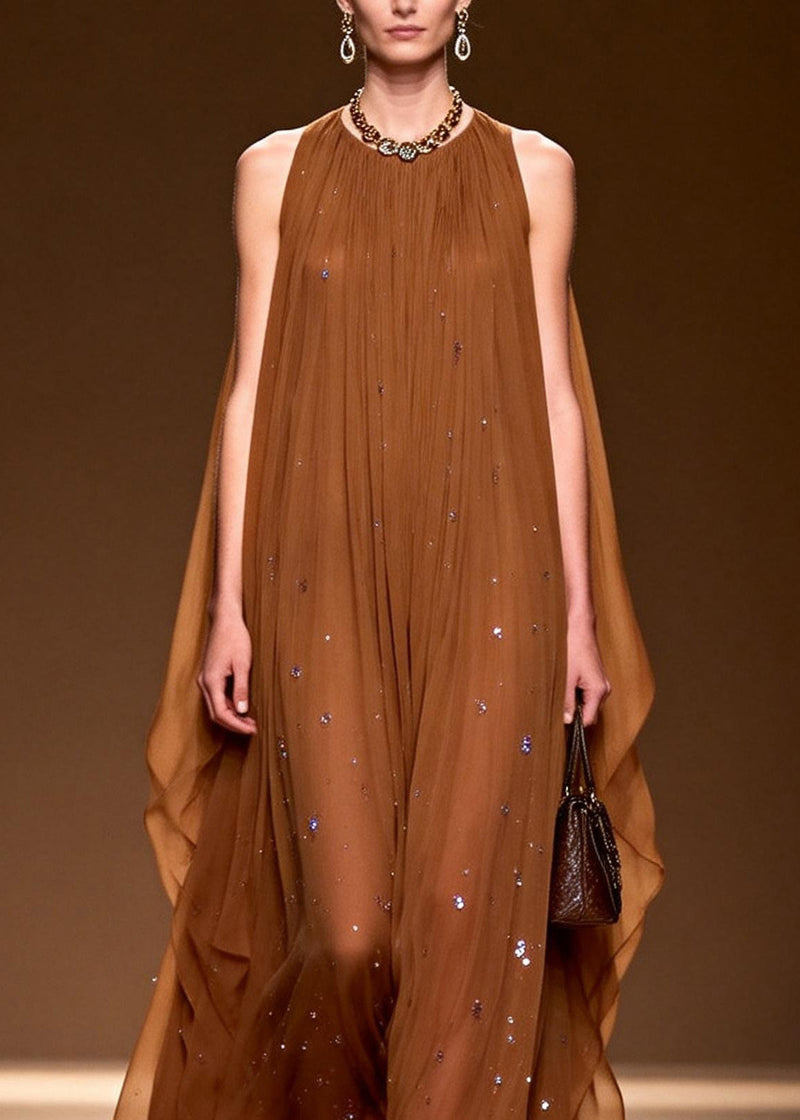 O Neck Zircon Chiffon Long Dress Sleeveless
