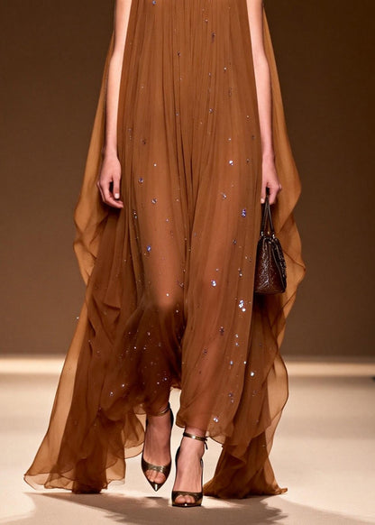 O Neck Zircon Chiffon Long Dress Sleeveless