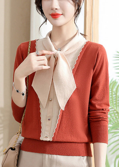 Orange Bow Patchwork Knit Sweaters Spring