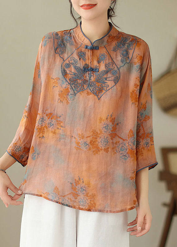 Orange Embroidered Print Cotton Shirts Half Sleeve