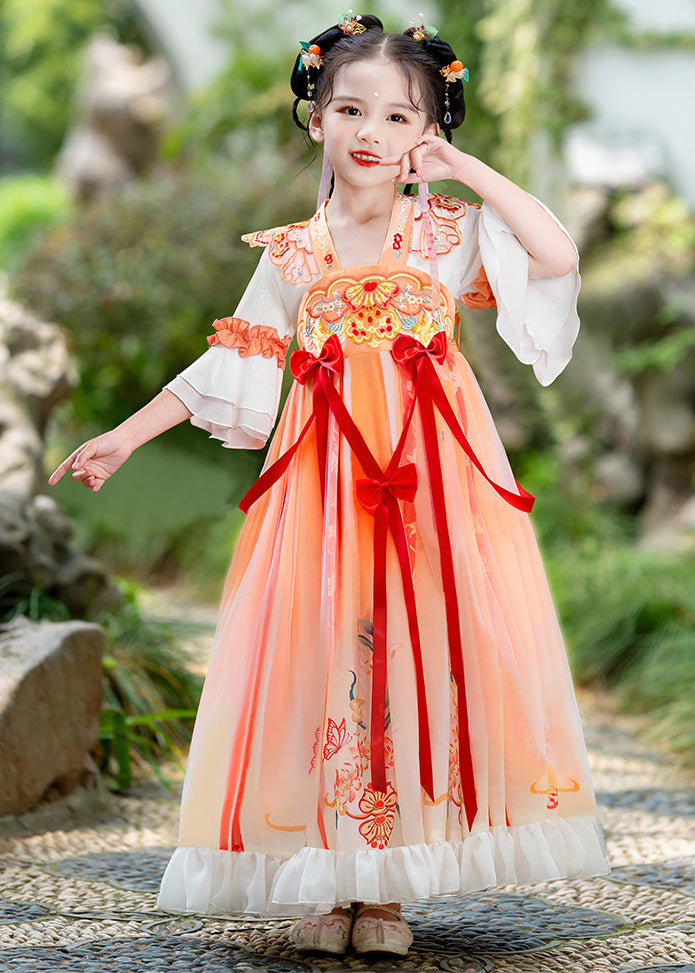 Orange Embroideried Ruffled Bow Kids Long Dress Summer