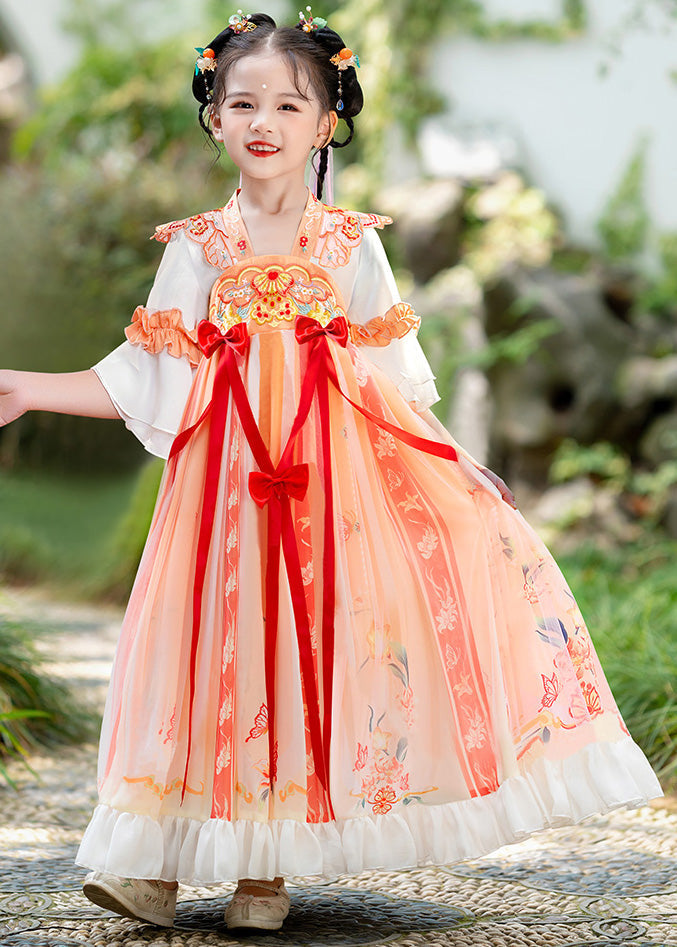Orange Embroideried Ruffled Bow Kids Long Dress Summer