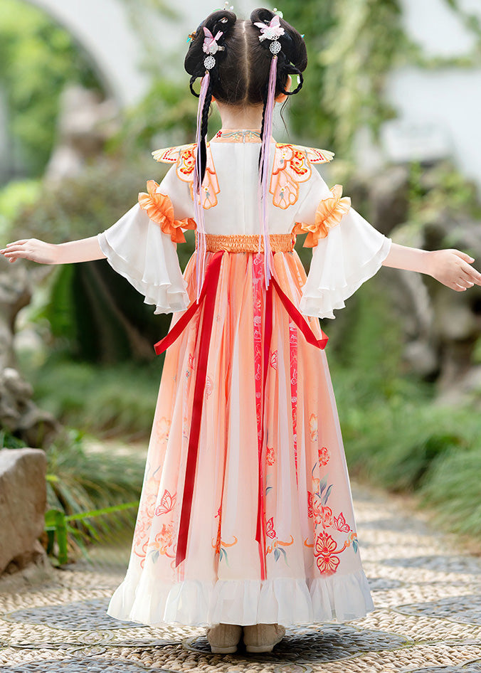 Orange Embroideried Ruffled Bow Kids Long Dress Summer