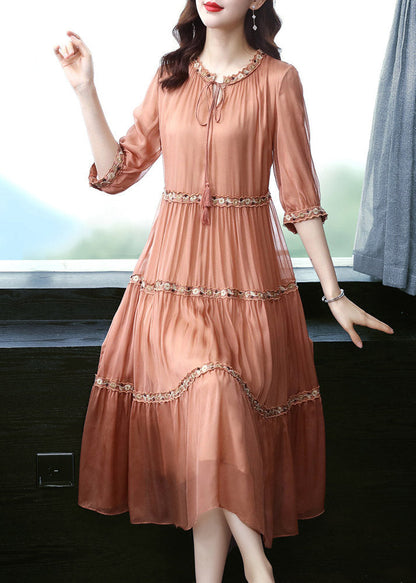 Orange O-neck Embroidered Silk Long Dress Summer