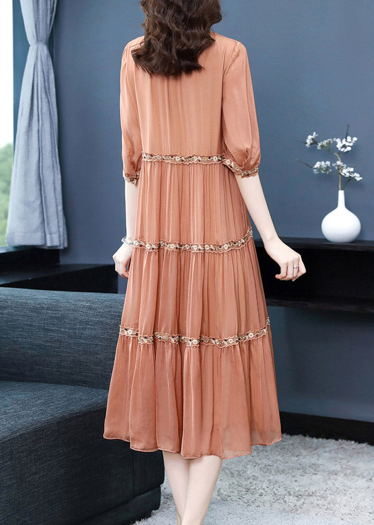 Orange O-neck Embroidered Silk Long Dress Summer