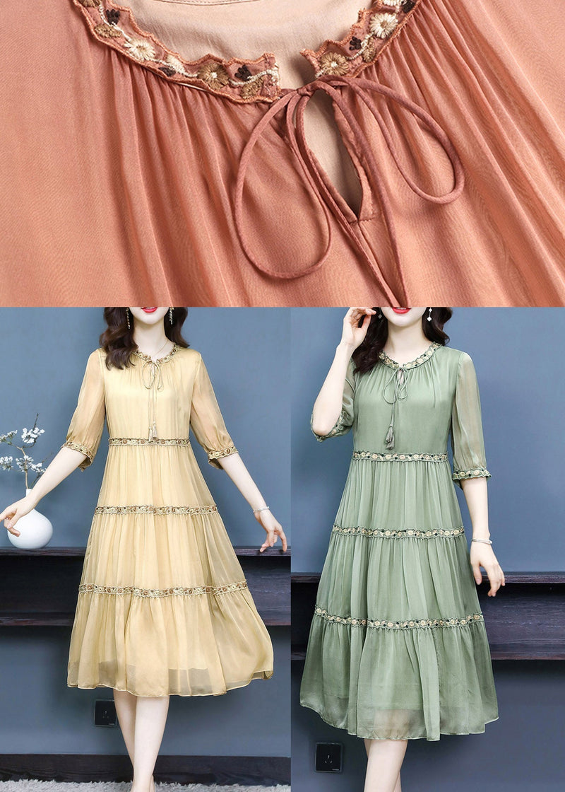 Orange O-neck Embroidered Silk Long Dress Summer