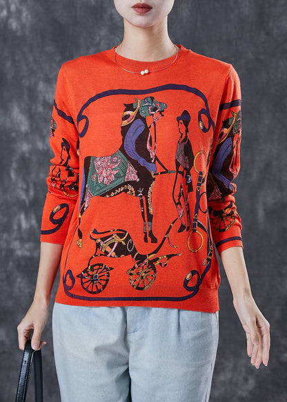 Orange O-neck Print Knit Pullover Spring