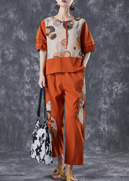 Orange Print Patchwork Cotton Two Pieces Set Summer