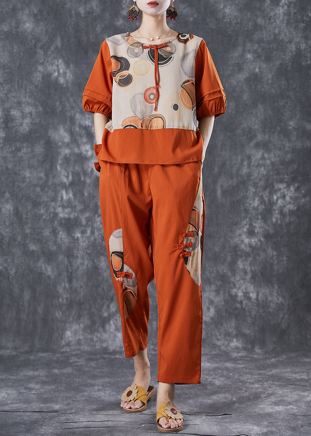 Orange Print Patchwork Cotton Two Pieces Set Summer