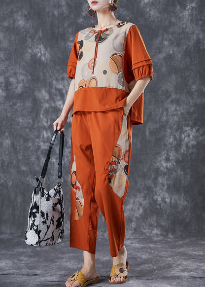 Orange Print Patchwork Cotton Two Pieces Set Summer