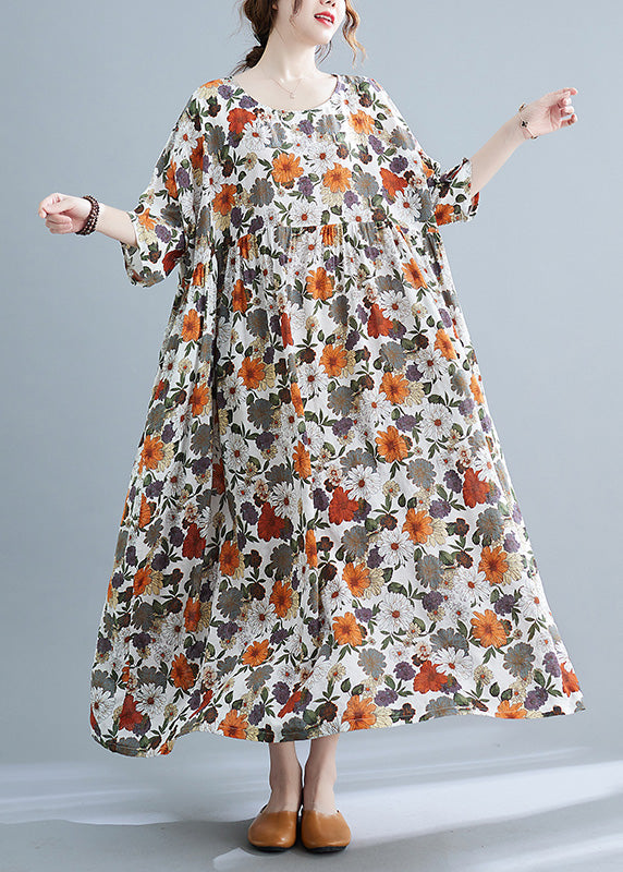Orange Print Wrinkled Maxi Dresses Summer