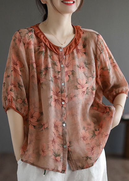 Orange Ruffled Print Patchwork Linen Shirt Top Summer