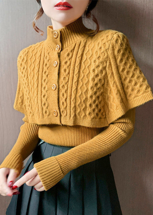 Orange Turtleneck Cable Knit Wraps and Sweaters Two Pieces Set Fall