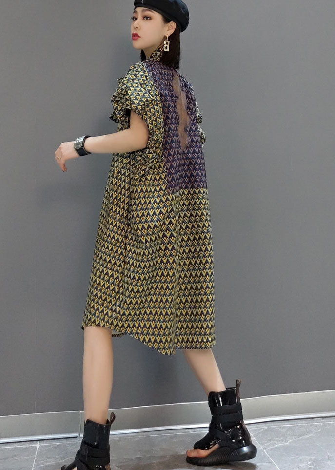 Original Stand Collar Print Cotton Shirt Dress Short Sleeve