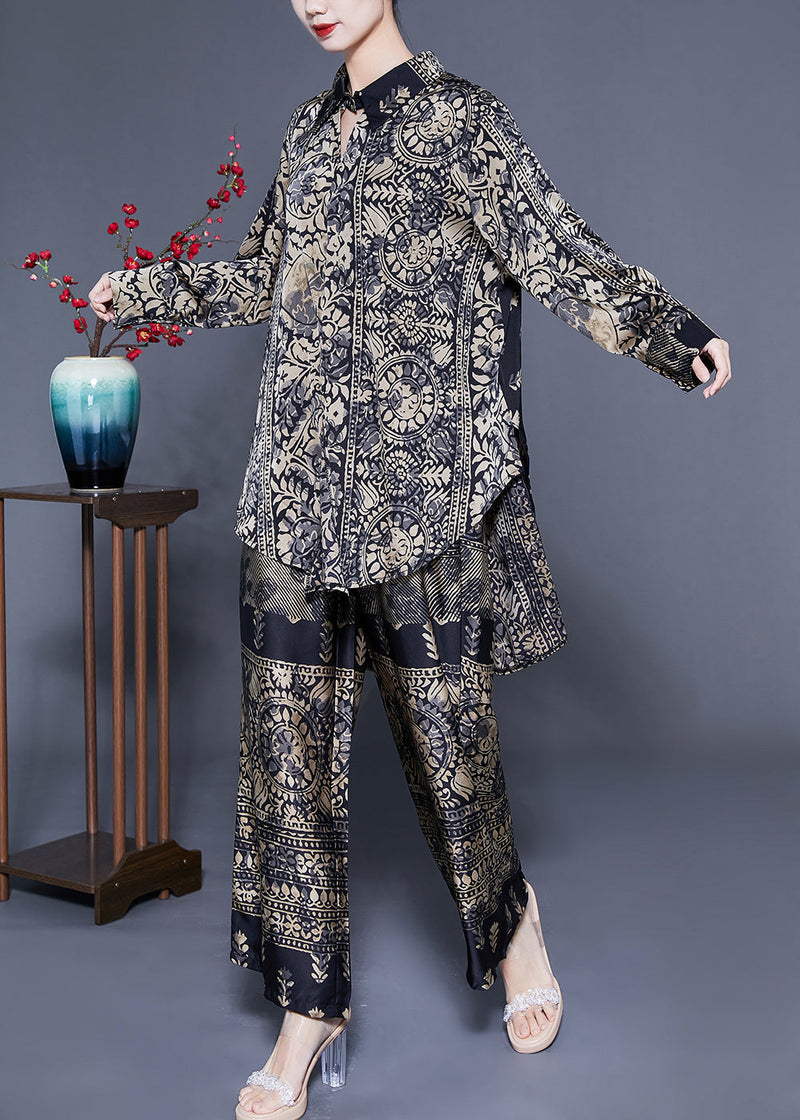 Oversized Low High Design Print Silk Two Pieces Set Spring