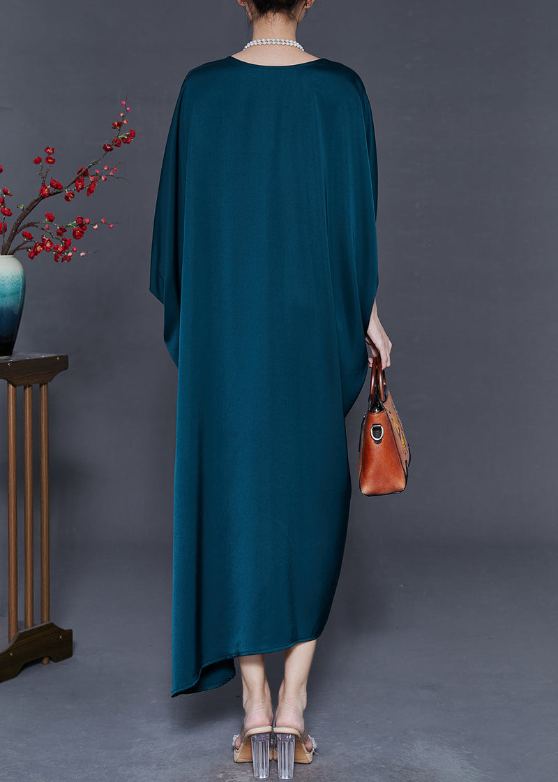 Peacock Blue Oversized Silk Party Dress Batwing Sleeve