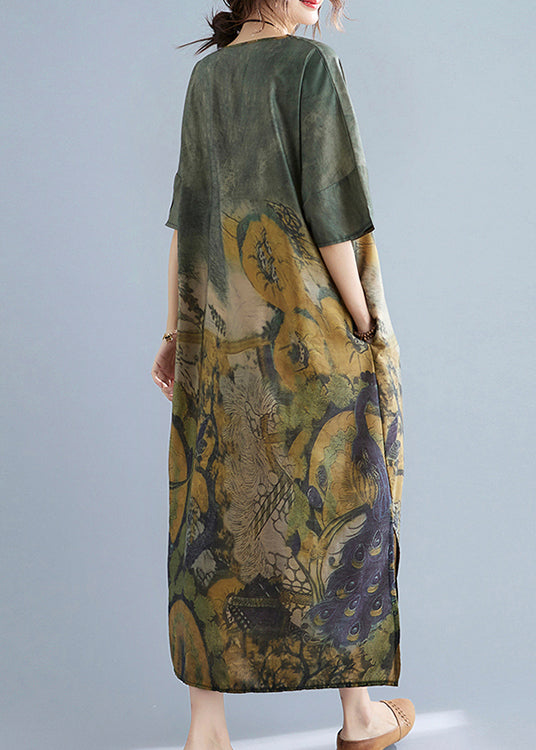 Peacock Green V Neck Print Side Open Dresses Short Sleeve