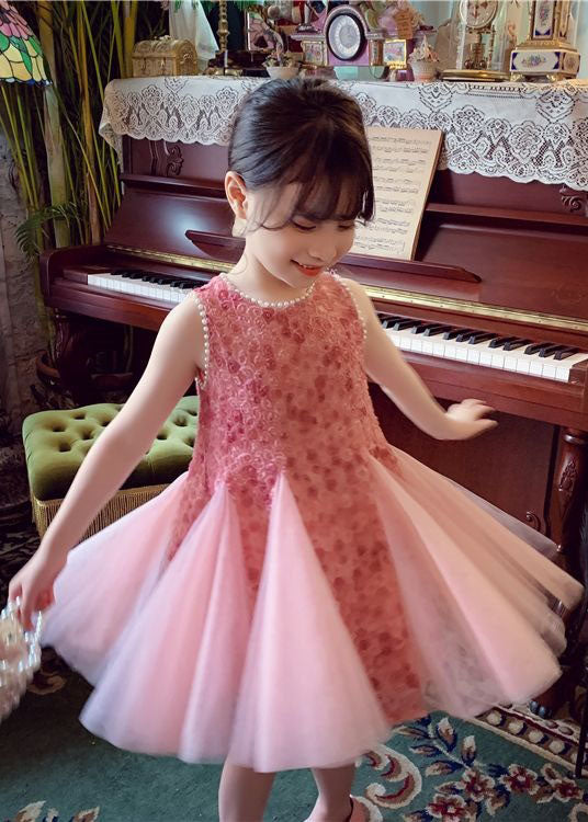 Pink Bow Nail Bead Patchwork Tulle Baby Princess Dresses Sleeveless