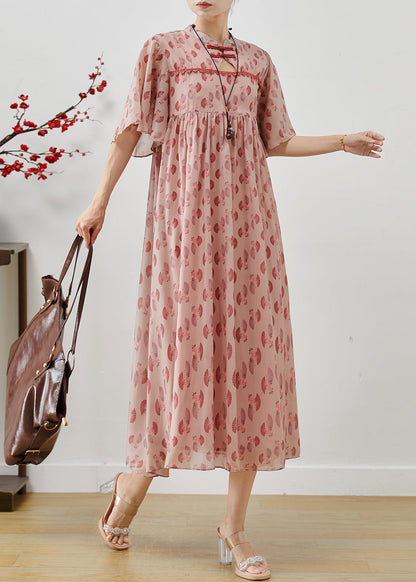 Pink Chinese Button Print Chiffon Dress Summer