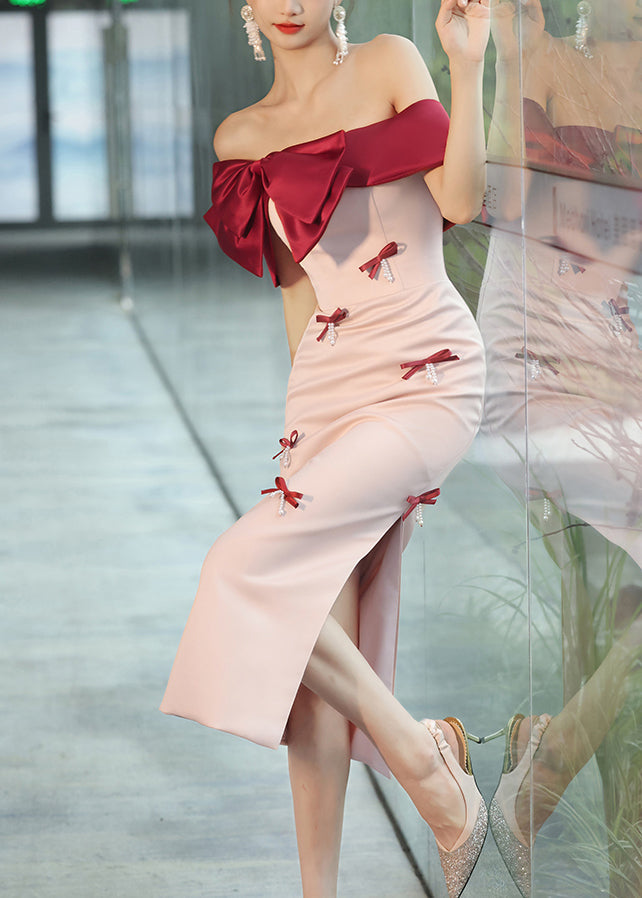 Pink Cold Shoulder Bow Nail Bead Dress Sleeveless