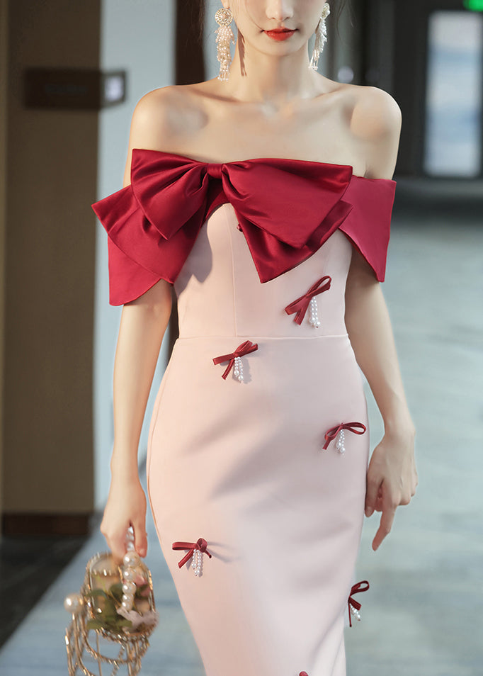 Pink Cold Shoulder Bow Nail Bead Dress Sleeveless