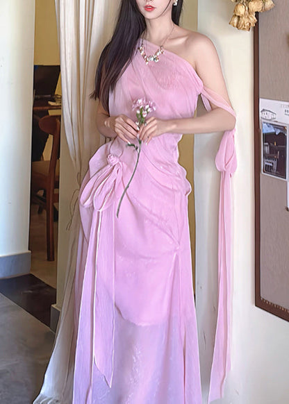 Pink Cold Shoulder Lace Up Chiffon Long Dress Sleeveless