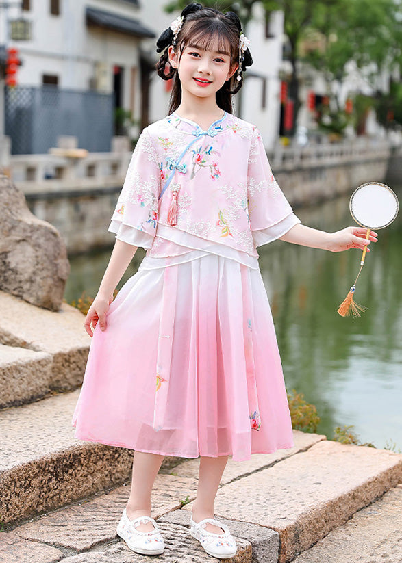 Pink Embroideried Patchwork Tassel Chiffon Long Dresses Short Sleeve