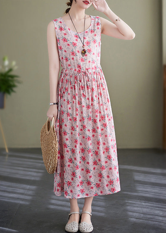 Pink Lace Up Wrinkled Print Cotton Long Dress Sleeveless