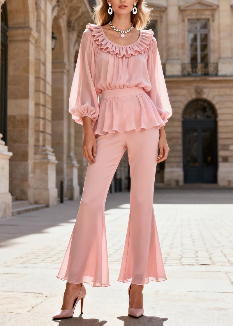 Pink O-neck Ruffled Patchwork Silk Two Piece Set Spring