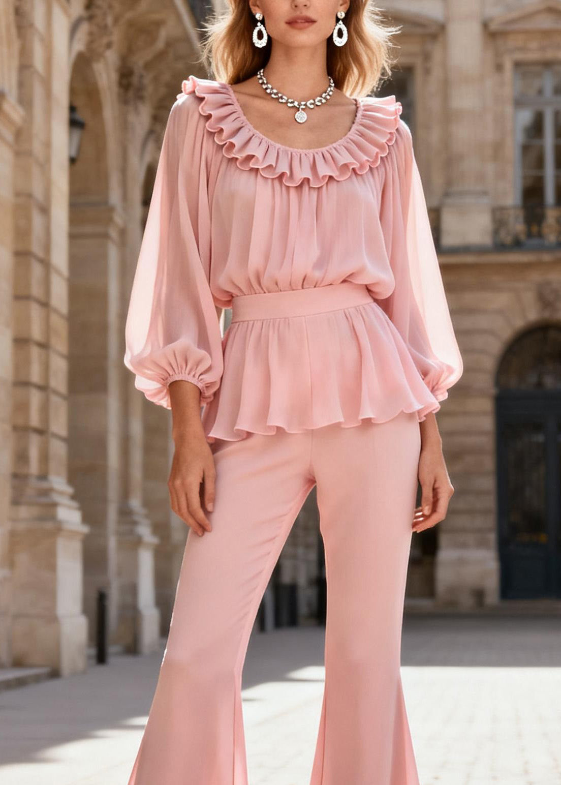 Pink O-neck Ruffled Patchwork Silk Two Piece Set Spring
