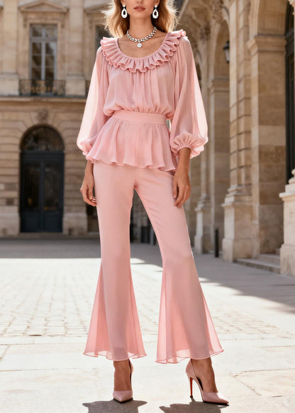 Pink O-neck Ruffled Patchwork Silk Two Piece Set Spring