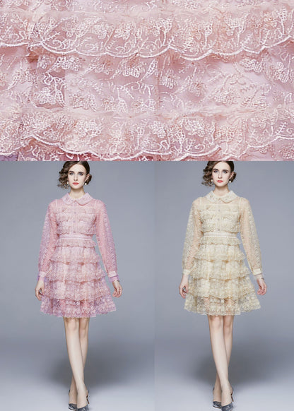 Pink Peter Pan Collar Ruffles Patchwork Mid Dress Long Sleeve