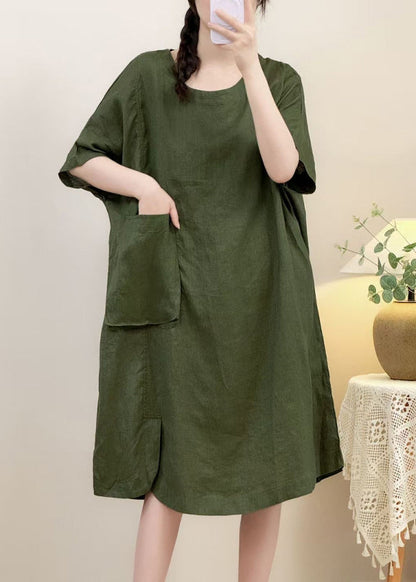 Pink Pockets Side Open Linen Dress Half Sleeve